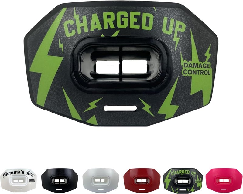 DAMAGE CONTROL Youth Football Mouth Guard – Breathable No Boil Mouthpiece, Protects Lips & Teeth, Works with Braces, Includes Helmet Strap – Sports Gear & Accessories (Charged Up) - Image 1